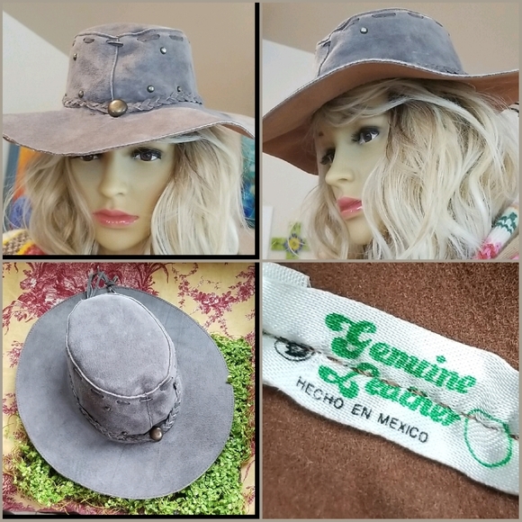 Vintage Accessories - Vtg 70's Floppy BOHO Grey Leather HIPPIE HAT NEW S